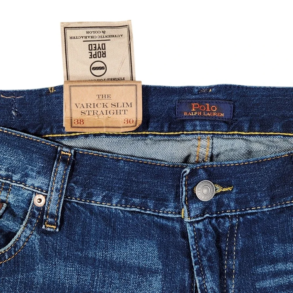 Polo Ralph Lauren Varick Slim Straight Jeans Dark Wash Distressed Mens 34x30 New